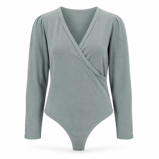Front view of ASOS DESIGN Women’s Green Wrap Bodysuit UK 20 Curve Long Sleeve Cotton