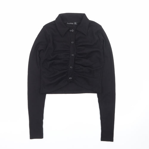 boohoo Womens Black Cropped Button-Up Shirt UK 8 Long Sleeve