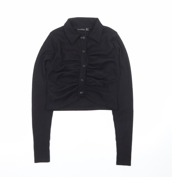 boohoo Womens Black Cropped Button-Up Shirt UK 8 Long Sleeve