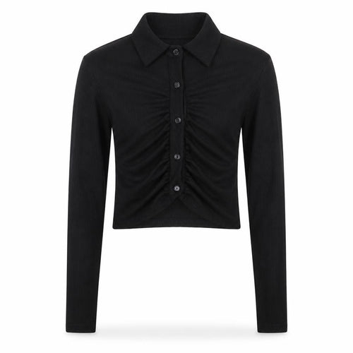 boohoo Womens Black Cropped Button-Up Shirt UK 8 Long Sleeve