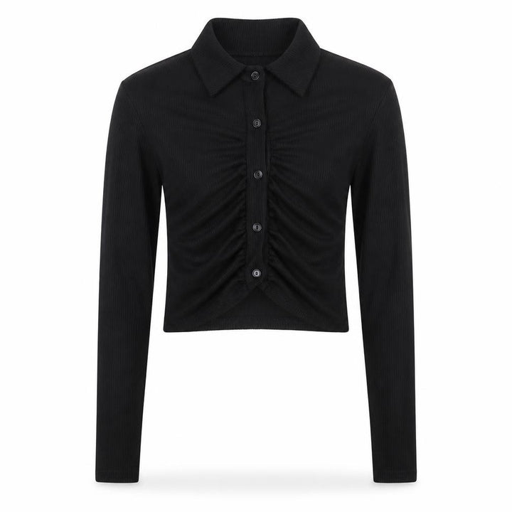 boohoo Womens Black Cropped Button-Up Shirt UK 8 Long Sleeve