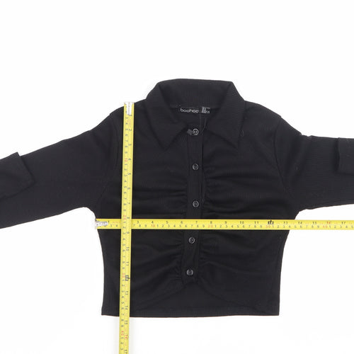 boohoo Womens Black Cropped Button-Up Shirt UK 8 Long Sleeve