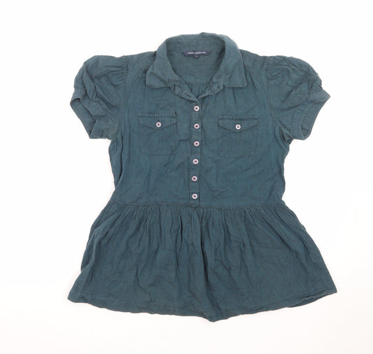 French Connection Women's Blue Cotton Collared Tunic Blouse Size 12