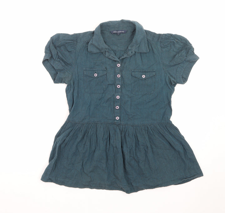 French Connection Women's Blue Cotton Collared Tunic Blouse Size 12