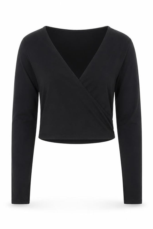 Front view of New Look Women's Black Long Sleeve Wrap Jersey Top, size 14