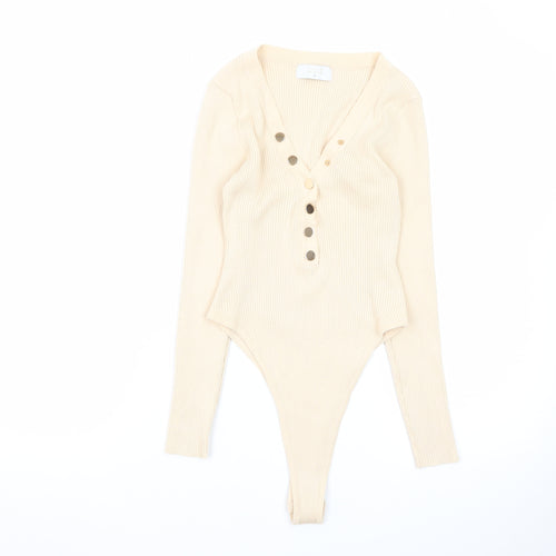 Quiz Womens Beige Long Sleeve Ribbed V-Neck Bodysuit Top Size M