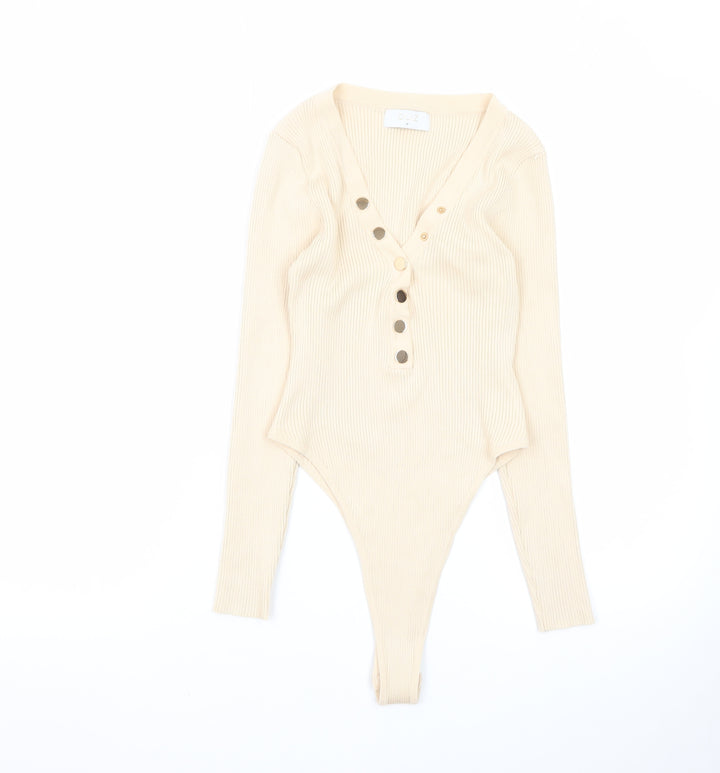Quiz Womens Beige Long Sleeve Ribbed V-Neck Bodysuit Top Size M