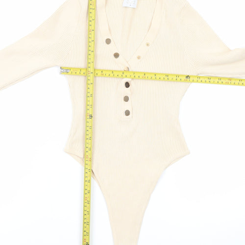 Quiz Womens Beige Long Sleeve Ribbed V-Neck Bodysuit Top Size M
