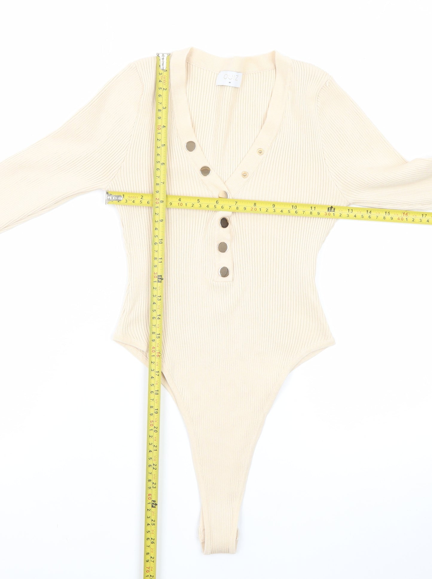 Quiz Womens Beige Long Sleeve Ribbed V-Neck Bodysuit Top Size M