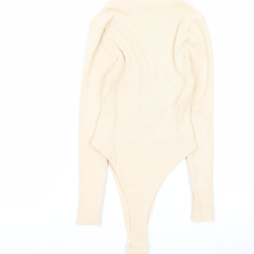 Quiz Womens Beige Long Sleeve Ribbed V-Neck Bodysuit Top Size M