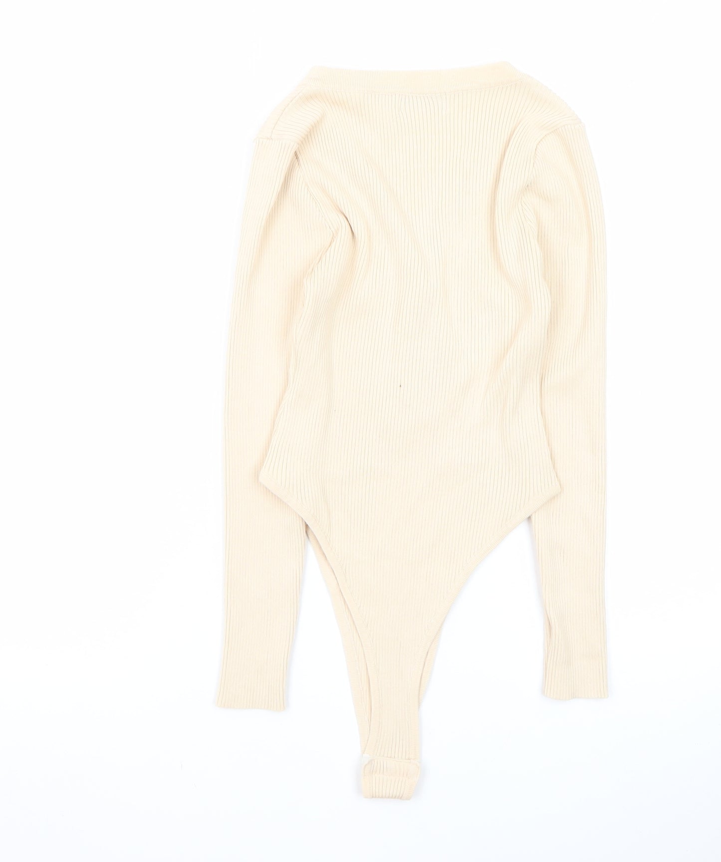 Quiz Womens Beige Long Sleeve Ribbed V-Neck Bodysuit Top Size M