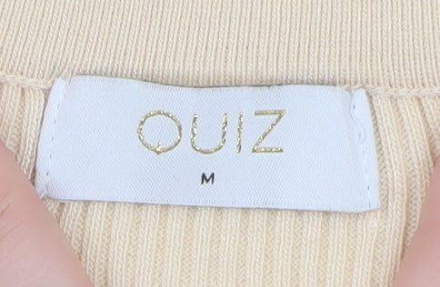 Quiz Womens Beige Long Sleeve Ribbed V-Neck Bodysuit Top Size M