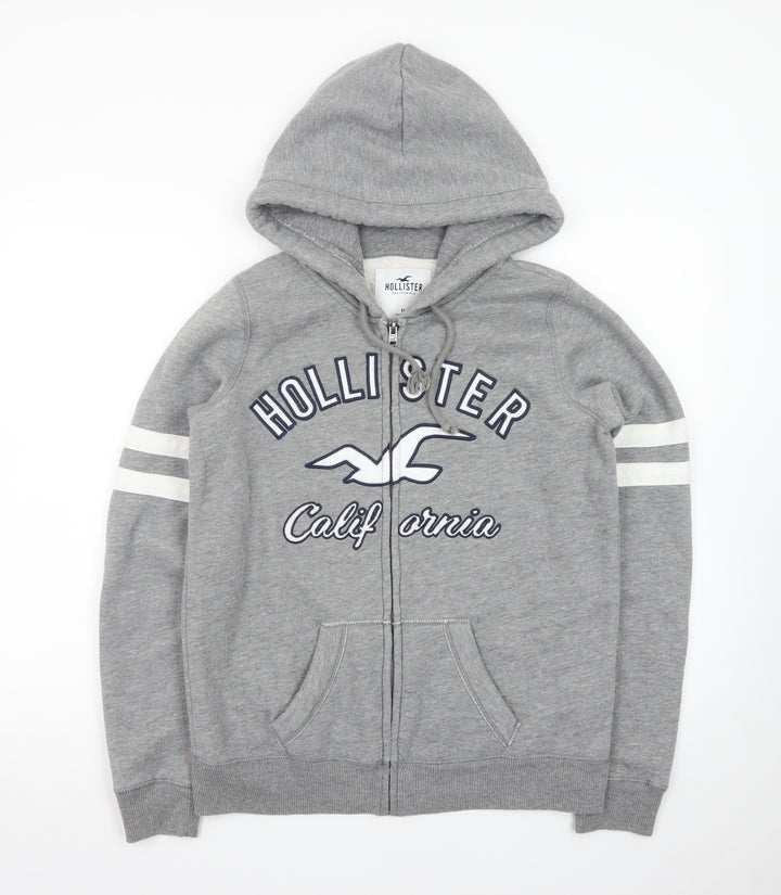 Hollister Men Grey Full Zip Fleece Hoodie M Embroidered Logo