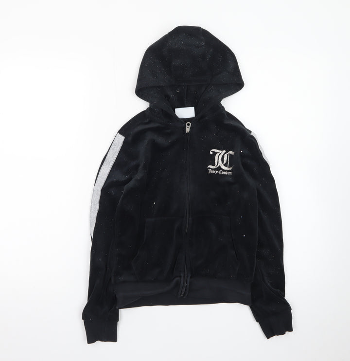 Juicy Couture Girls Black Velour Hoodie 9-10 Years Full Zip Glitter Logo