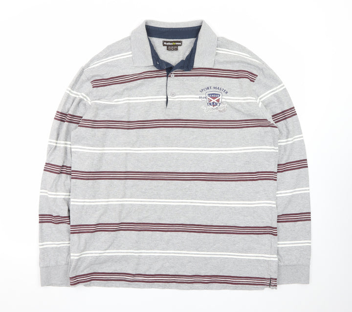 Atlas For Men Grey Striped Long Sleeve Polo Shirt L Regular Fit