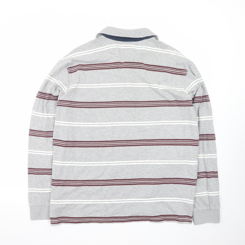 Atlas For Men Grey Striped Long Sleeve Polo Shirt L Regular Fit