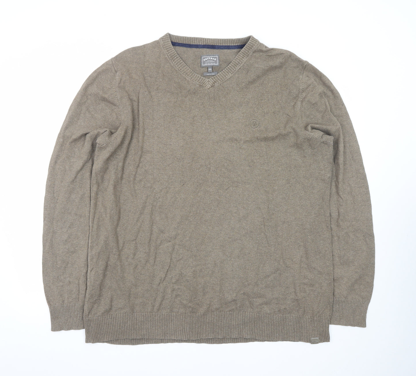 FatFace Men's Brown XXL V-Neck Cotton Jumper Classic Knitwear