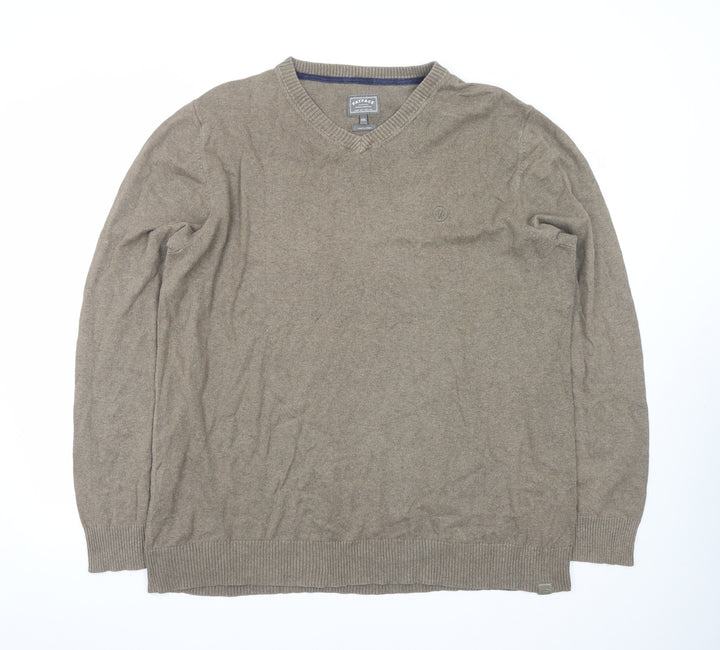 FatFace Men's Brown XXL V-Neck Cotton Jumper Classic Knitwear