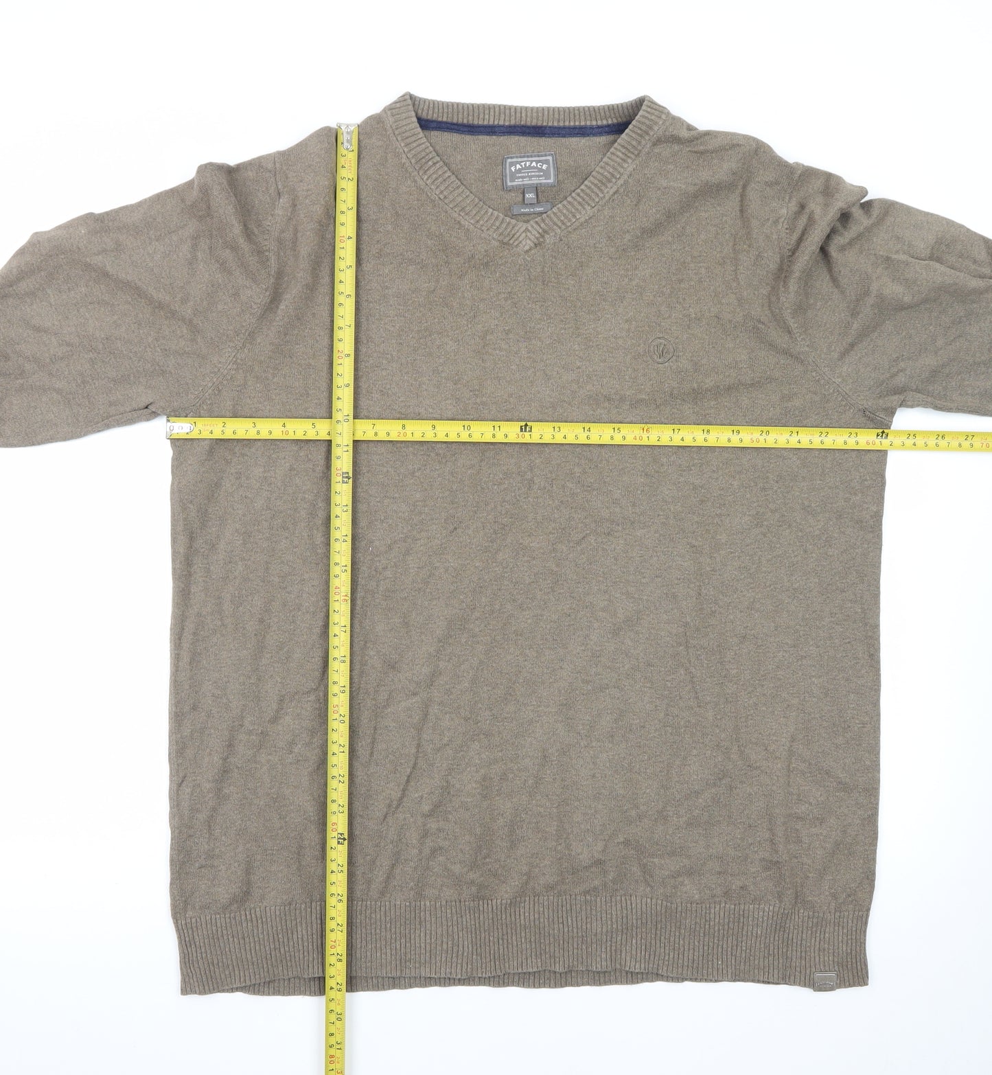 FatFace Men's Brown XXL V-Neck Cotton Jumper Classic Knitwear