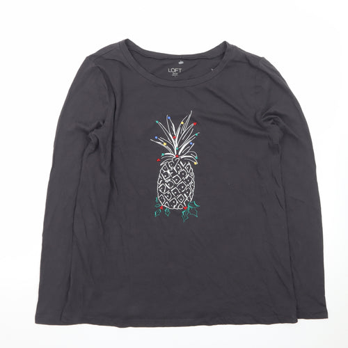 LOFT Women Black Long Sleeve Cotton Pineapple Christmas T-Shirt Size M