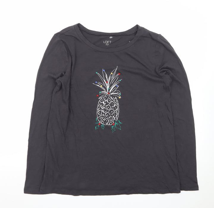 LOFT Women Black Long Sleeve Cotton Pineapple Christmas T-Shirt Size M