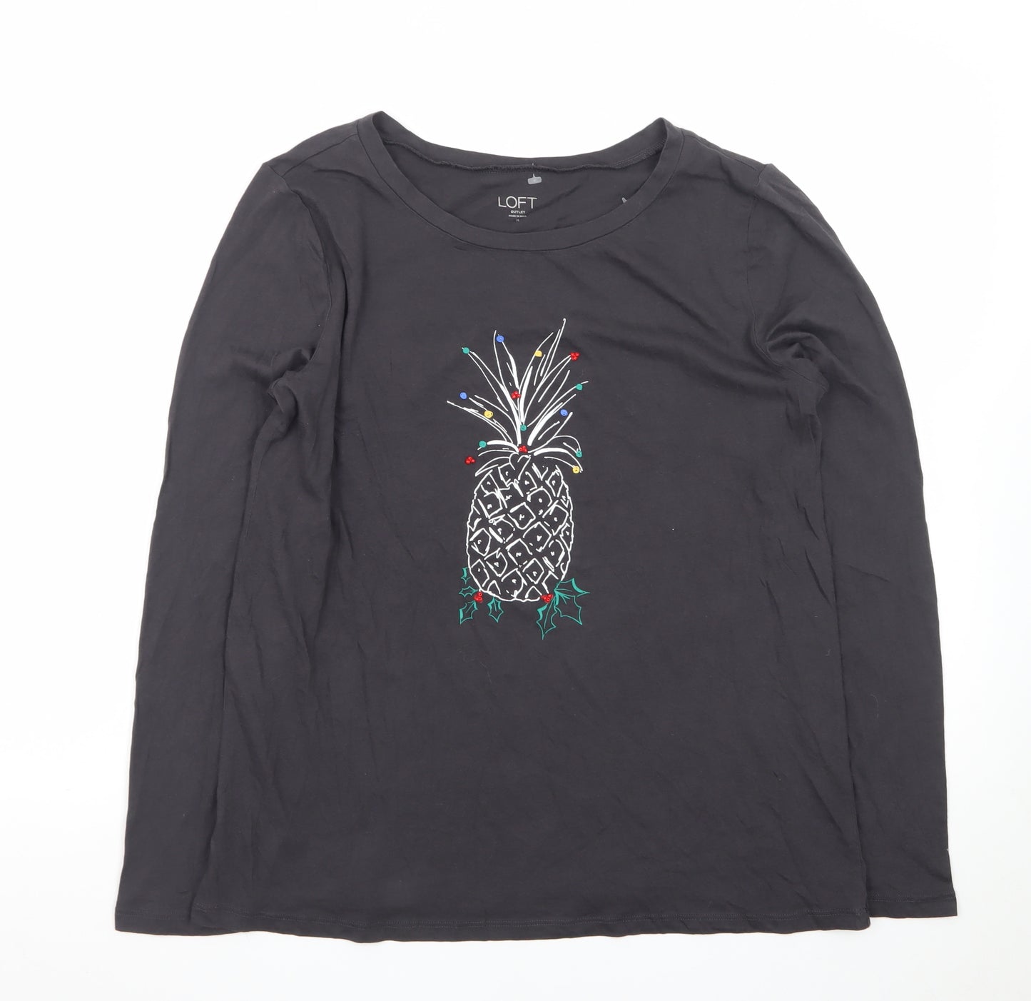 LOFT Women Black Long Sleeve Cotton Pineapple Christmas T-Shirt Size M
