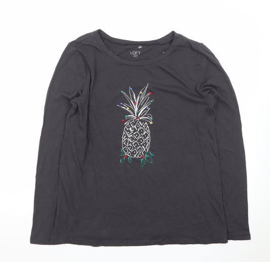 LOFT Women Black Long Sleeve Cotton Pineapple Christmas T-Shirt Size M