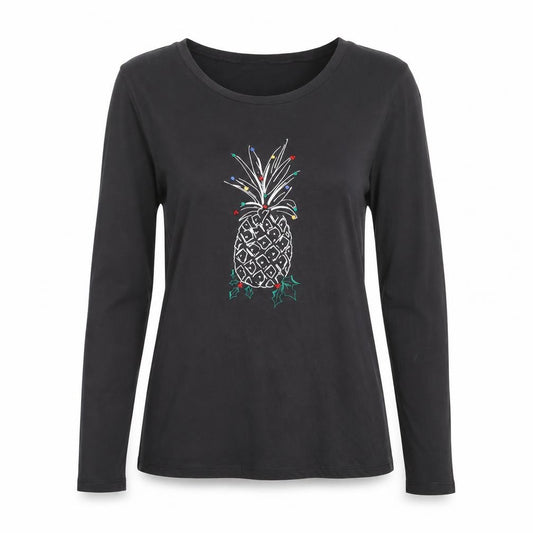 Front view of LOFT Women Black Long Sleeve Cotton Pineapple Christmas T-Shirt, size M