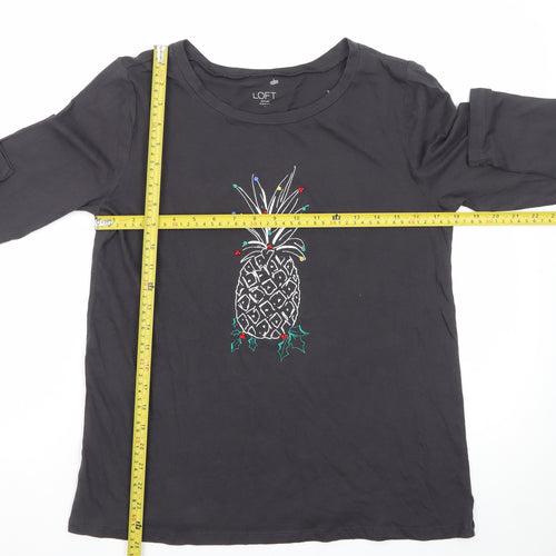 LOFT Women Black Long Sleeve Cotton Pineapple Christmas T-Shirt Size M