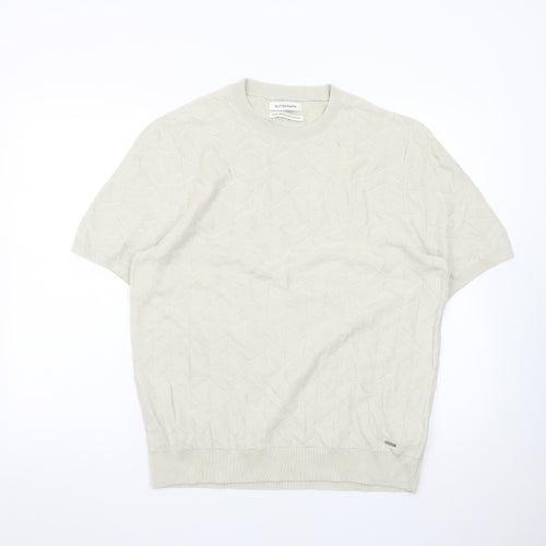 Marks and Spencer Autograph Men's Beige Short Sleeve Textured Cotton T-Shirt Size L