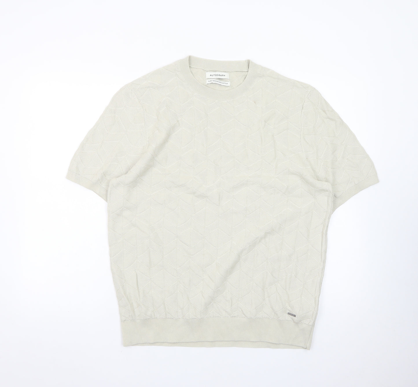 Marks and Spencer Autograph Men's Beige Short Sleeve Textured Cotton T-Shirt Size L