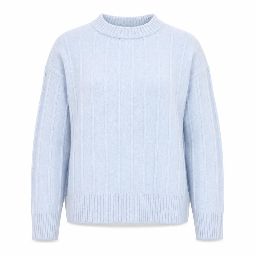 Front view of Mango Women Blue XL Wool Blend Cable-Knit Crew Neck Jumper