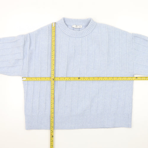 MNG Women Blue XL Wool Blend Cable-Knit Crew Neck Jumper