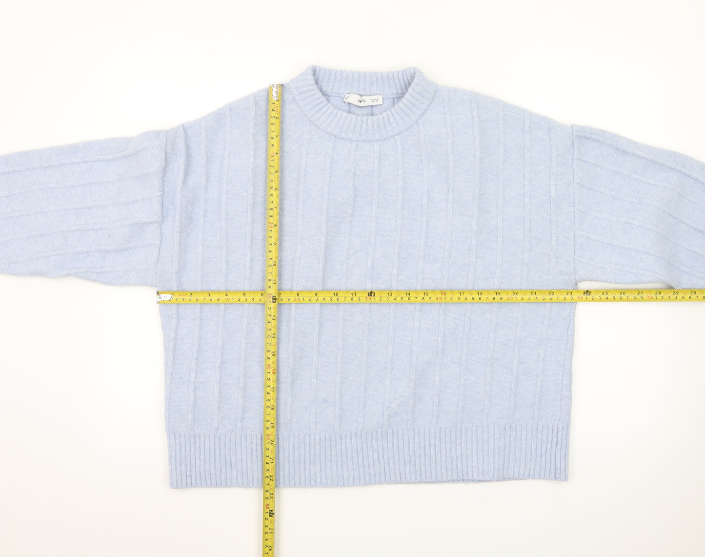 MNG Women Blue XL Wool Blend Cable-Knit Crew Neck Jumper