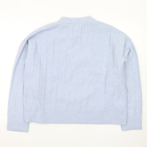 MNG Women Blue XL Wool Blend Cable-Knit Crew Neck Jumper