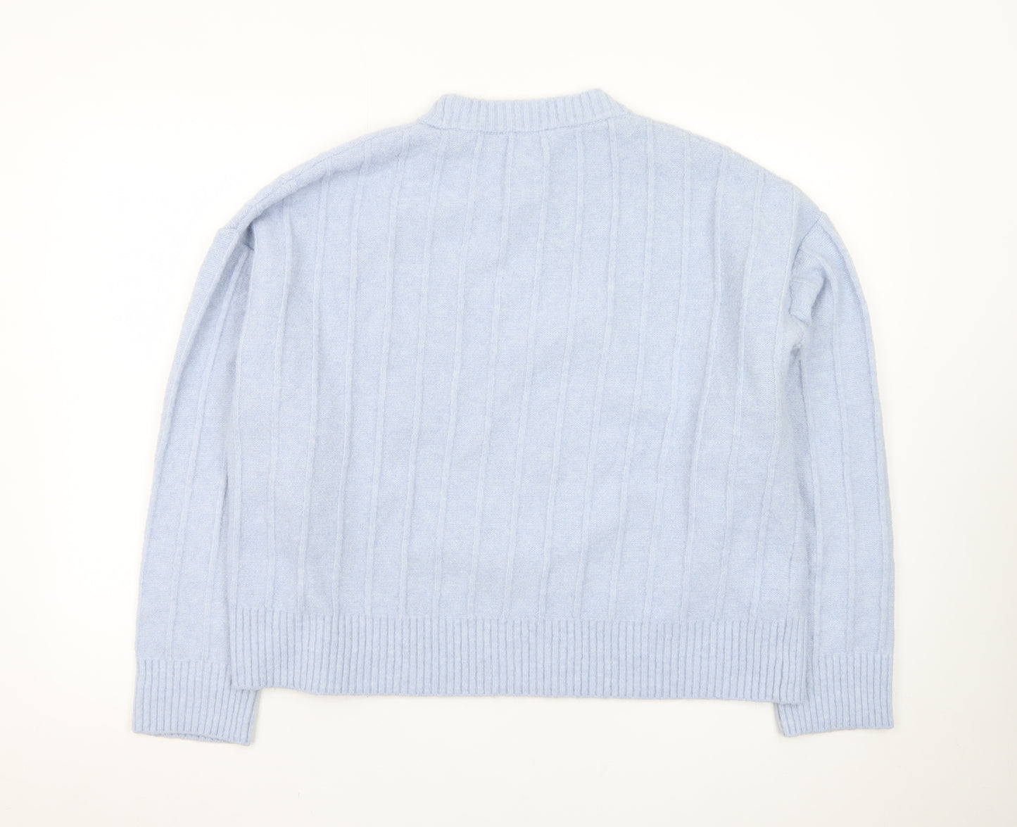 MNG Women Blue XL Wool Blend Cable-Knit Crew Neck Jumper
