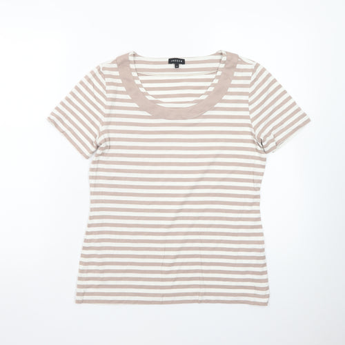 Jaeger Women Beige Striped Cotton Short Sleeve Basic T-Shirt M