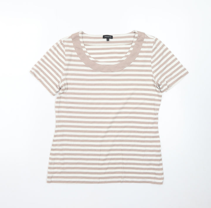 Jaeger Women Beige Striped Cotton Short Sleeve Basic T-Shirt M
