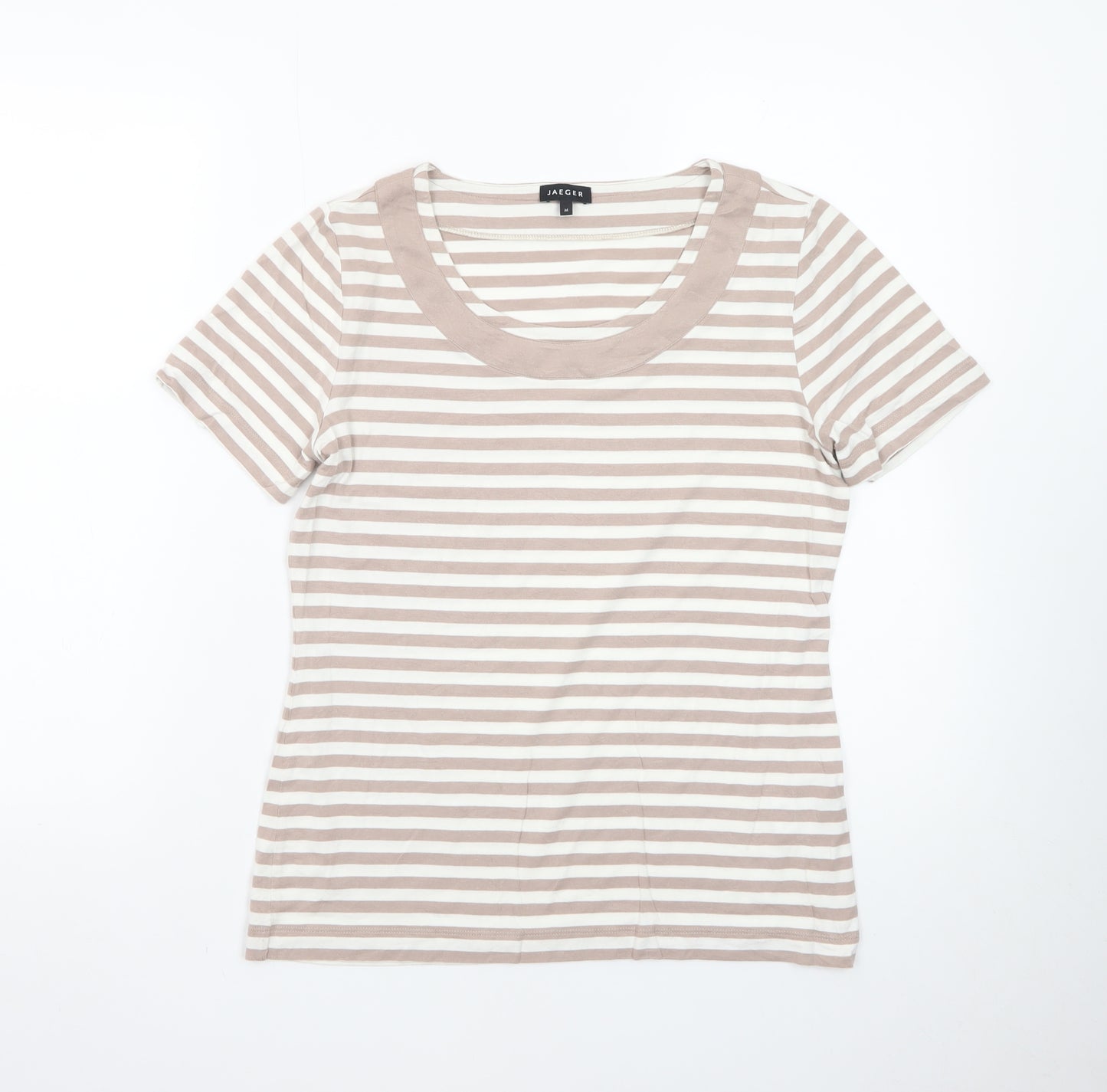 Jaeger Women Beige Striped Cotton Short Sleeve Basic T-Shirt M