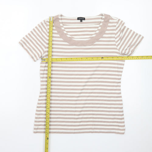 Jaeger Women Beige Striped Cotton Short Sleeve Basic T-Shirt M