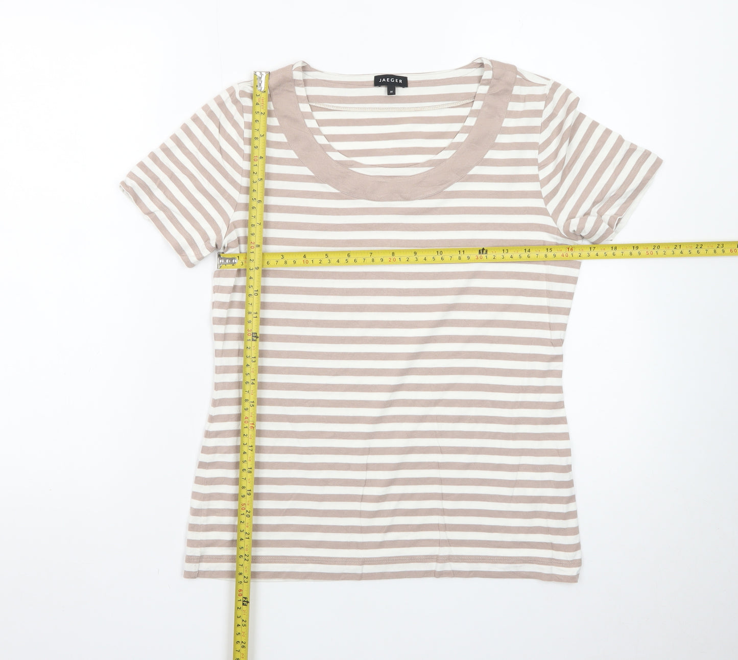 Jaeger Women Beige Striped Cotton Short Sleeve Basic T-Shirt M
