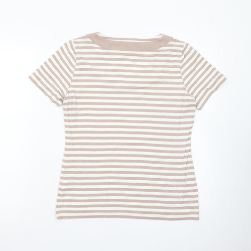 Jaeger Women Beige Striped Cotton Short Sleeve Basic T-Shirt M