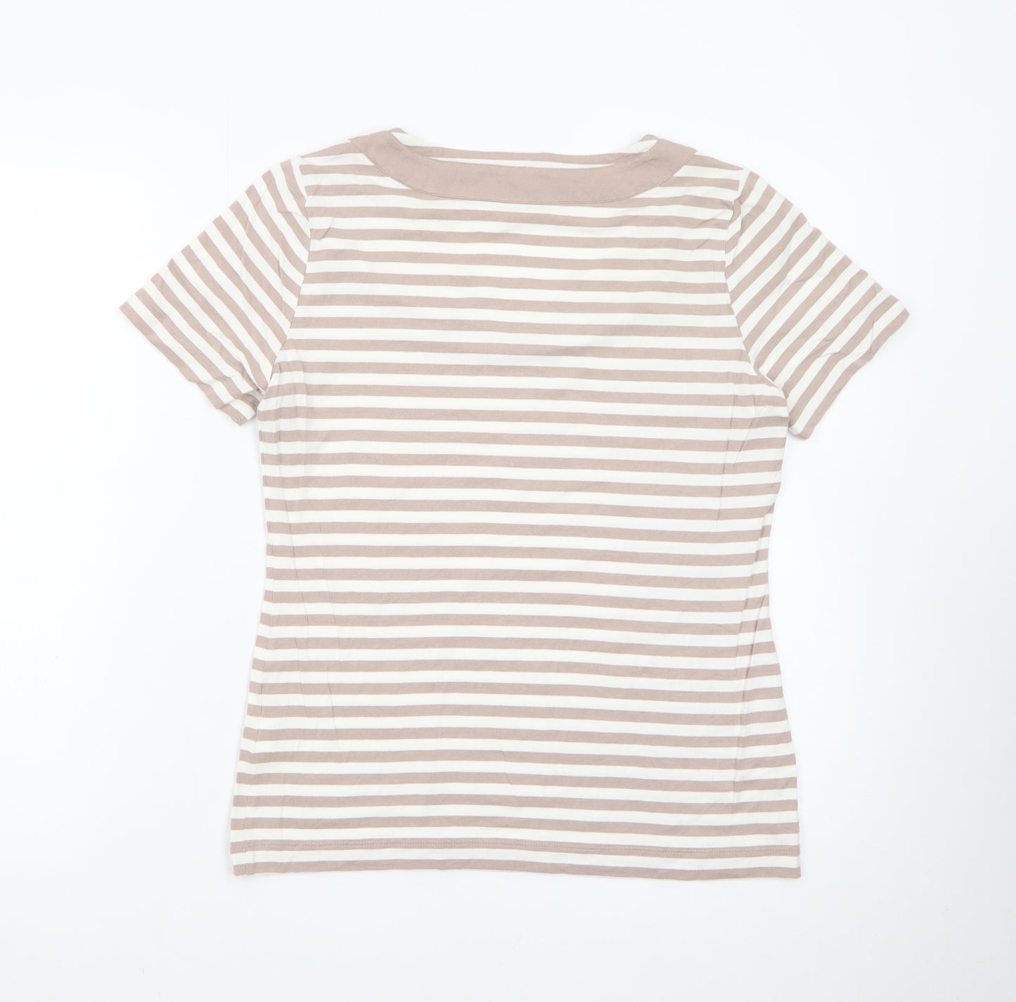 Jaeger Women Beige Striped Cotton Short Sleeve Basic T-Shirt M