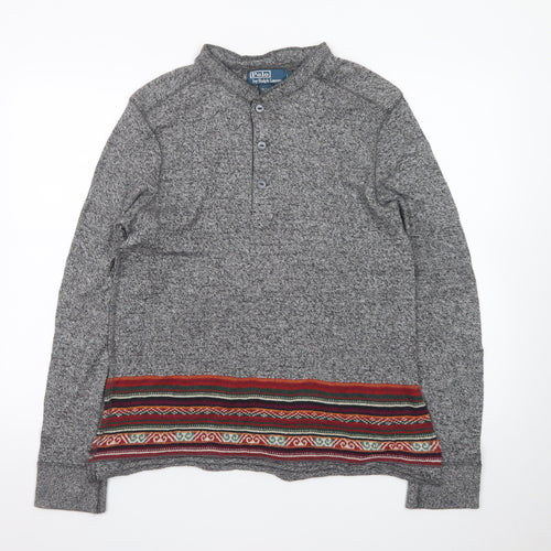 Polo Ralph Lauren Men's Grey Henley Jumper L Aztec Knit Cotton Blend