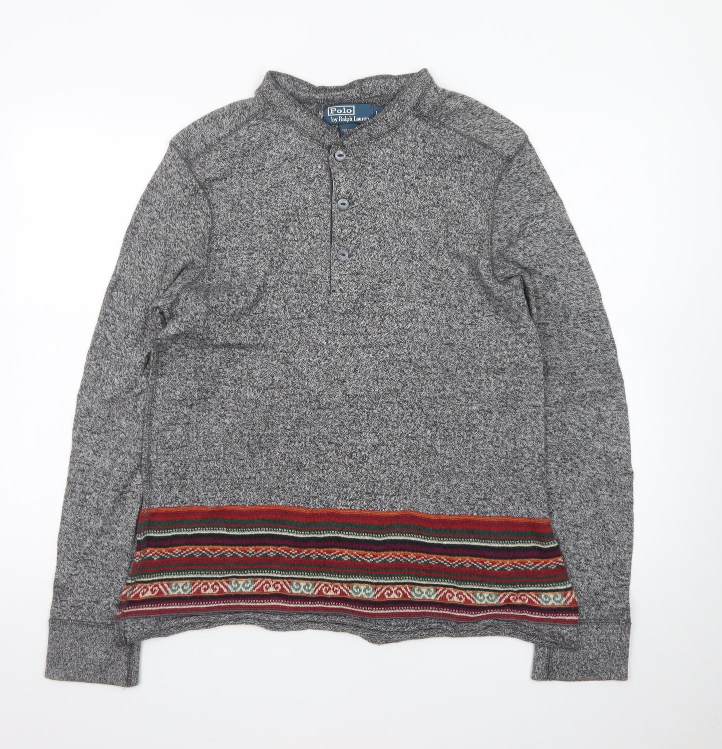 Polo Ralph Lauren Men's Grey Henley Jumper L Aztec Knit Cotton Blend