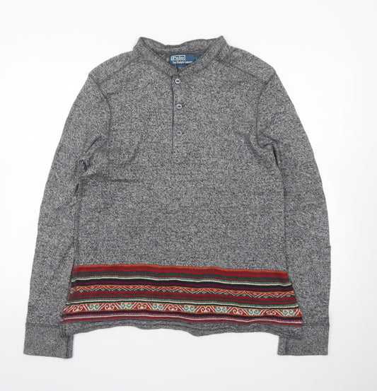 Polo Ralph Lauren Men's Grey Henley Jumper L Aztec Knit Cotton Blend