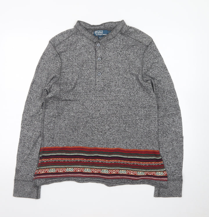 Polo Ralph Lauren Men's Grey Henley Jumper L Aztec Knit Cotton Blend