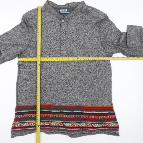 Polo Ralph Lauren Men's Grey Henley Jumper L Aztec Knit Cotton Blend