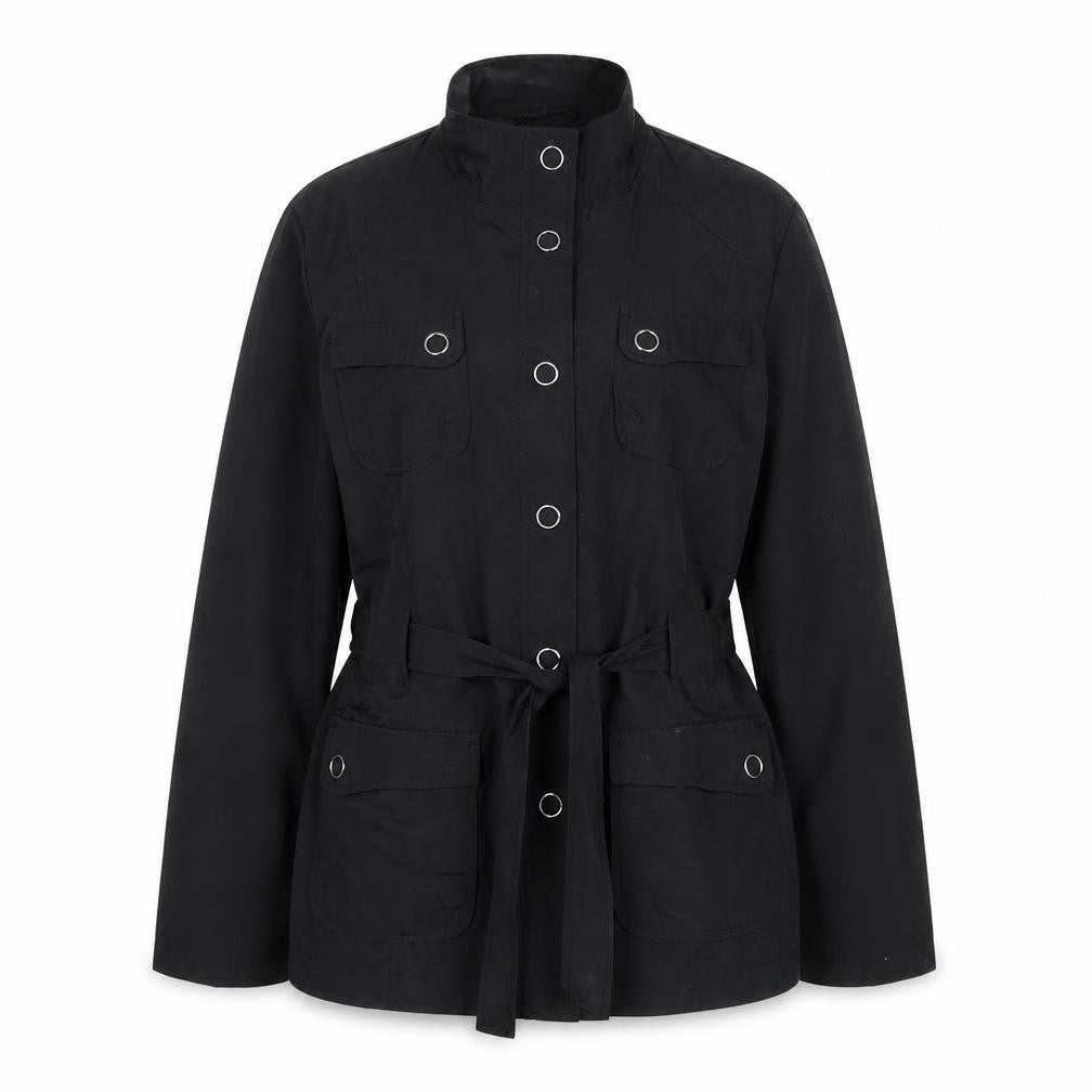 Front view of BHS women’s black military style belted jacket, size UK 16