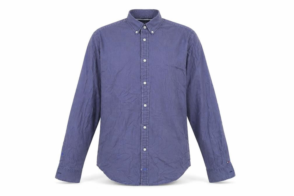 Front view of Tommy Hilfiger Men's Blue Check Cotton Button-Down Shirt XL